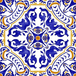 Azulejos tile Yellow and Blue vintage flowers.  Watercolor Portuguese kitchen tile.