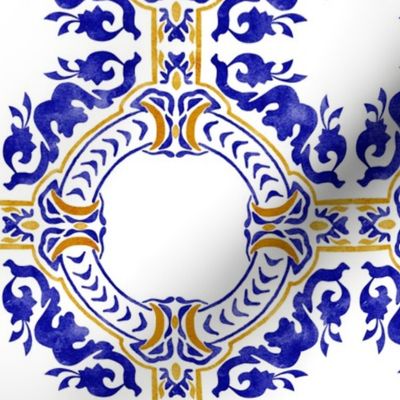 Azulejo tiles. Dark blue and orange ceramic. Majolica italian watercolor. 