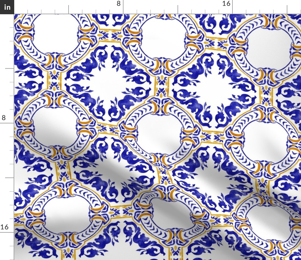 Azulejo tiles. Dark blue and orange ceramic. Majolica italian watercolor. 
