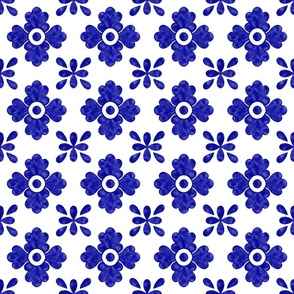 Blue  Azulejo tiles. Watercolor flowers Italian traditional. Blue and white floral. 