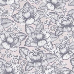  Peonies sketch pink and grey pencil bee elegant farmhouse. 