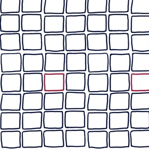 Soft Checks hand-drawn in midnight blue with red, 2” checks
