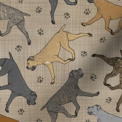 Trotting uncropped Cane Corso and paw prints - faux linen