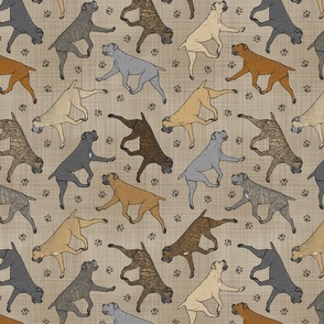 Trotting uncropped Cane Corso and paw prints - faux linen