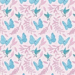Pastel Summery Birds and Butterflies with Leaves Watercolour Vector Pattern