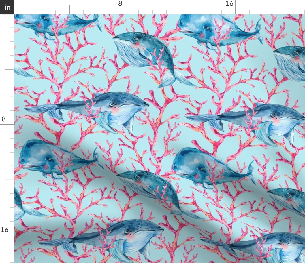 Cute whale, corals on blue