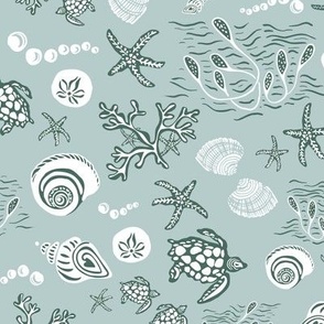 Medium- Turtles, shells and starfish underwater - white and blue- green