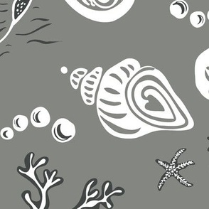 Large - Turtles, shells and starfish underwater - Grey & white - neutral