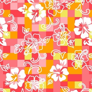 Checkerboard Hibiscus Hawaiian Floral - Watermelon, Marigold and Lemon-Lime