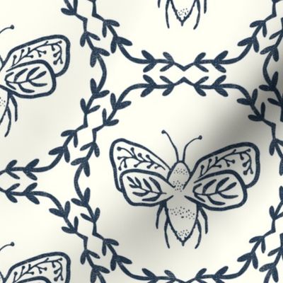 Block print bees - natural with navy 