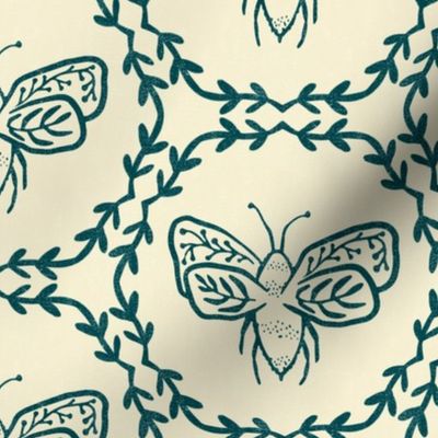 Block print  bees - jungle green teal - inverse