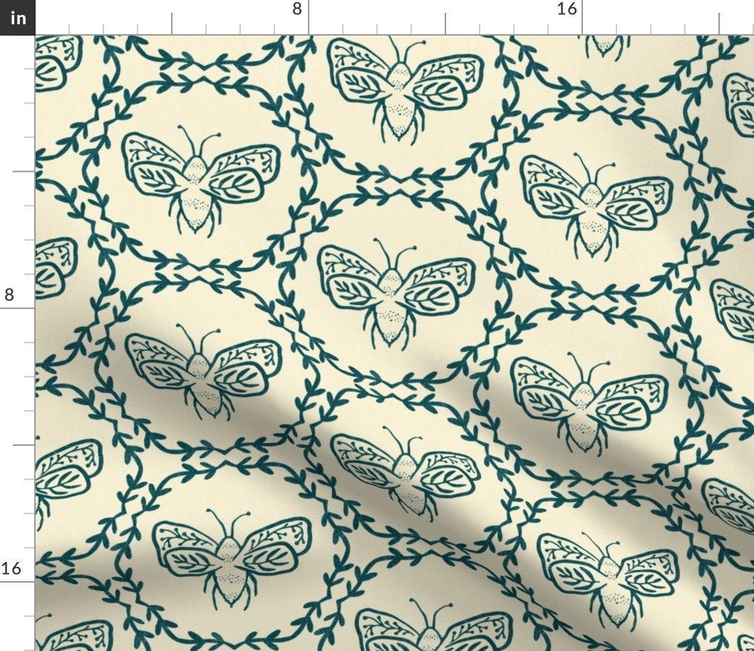 Block print  bees - jungle green teal - inverse