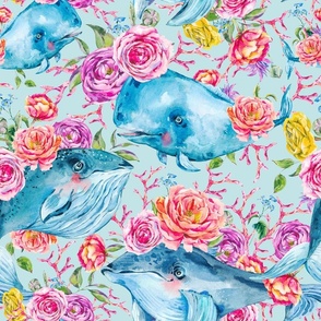 Blue whale with wildflowers, summer floral pattern