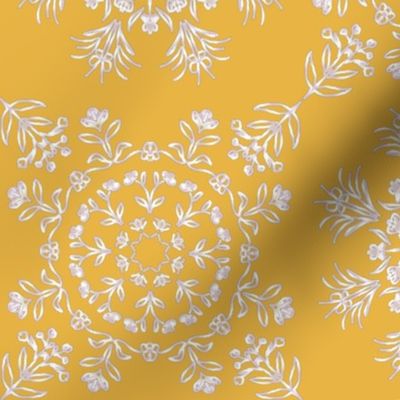 Fake Silver Floral Kaleidoscopes with Hidden Butterflies on Orangey Yellow