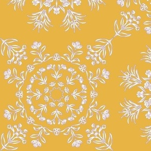 Fake Silver Floral Kaleidoscopes with Hidden Butterflies on Orangey Yellow