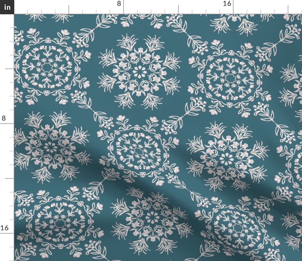 Fake Silver Floral Kaleidoscopes with Hidden Butterflies on Teal Blue