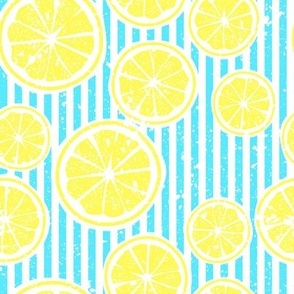 Lemon in the pool_normal scale - simple cute joyful pattern with lemons on white with blue stripes and texture on