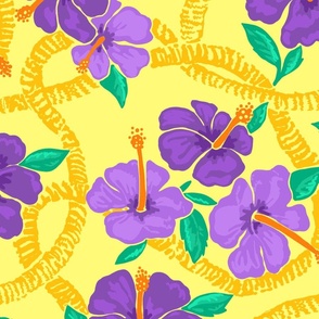 medium-Purple Hibiscus and Ilima Lei -on yellow