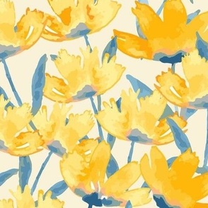 $ Large scale Buttery yellow watercolour flowers with teal blue, for large scale wallpaper, floral duvet covers, sweet bed linen and curtains.