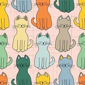 Happy kitty cats in a row in neutral warm colors of creams, blush and orange, for home decor, nursery accessories, kids apparel and cotton duvet covers