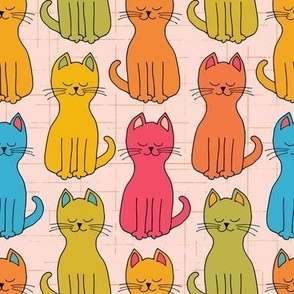 466 - Happy kitty cats in a row in rainbow candy colors of pink, turquoise, yellow and orange, for home decor, nursery accessories, kids apparel and cotton duvet covers