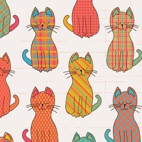 Patterned cats in a row in summer colours or red, orange, green and turquoise, with polka dots, checks, textures, for kids apparel, kids bed linen, kids cotton duvet covers and wallpaper.