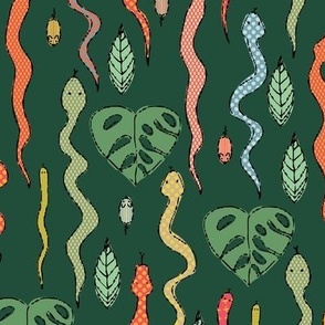 $ Histerical Snakes, Mice and Monstera Leaves in the tropical rainforest jungle - large scale for grasscloth wallpaper, kids wallpaper,kids bedroom wallpaper, kids duvet covers, children's sheet sets, kids apparel and home furnishings.