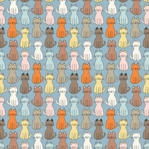 466 - Happy kitty cats in a row in neutral cool colors of taupes, blues and greys, for home decor, nursery accessories, kids apparel and cotton duvet covers