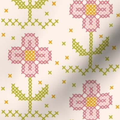 Petal Solid Coordinates in Watermelon pink, zesty orange and luscious lime - faux embroidery cross stich scandi style flower - for kids apparel, cute summer dresses, summehouse decor and sweet pajama sets