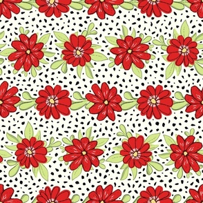 Medium scale red honeydew green floral stripes with black polka dots