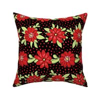 Medium black red and honeydew green floral stripes with dots