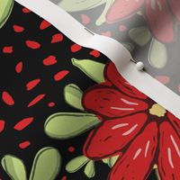 Medium black red and honeydew green floral stripes with dots