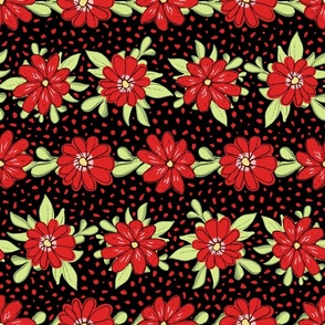 Medium black red and honeydew green floral stripes with dots