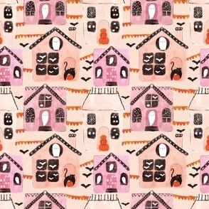 Cute Whimsical Pink Halloween Ghosts Black Cats Ghouls Bats Spooky Houses 3x3