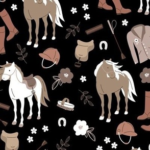 Horse riding horses and western ranch illustration kids animals and flowers theme neutral beige sand brown on black