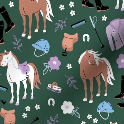 Horse riding horses and western ranch illustration kids animals and flowers theme green blue lilac purple summer