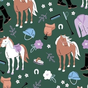 Horse riding horses and western ranch illustration kids animals and flowers theme green blue lilac purple summer