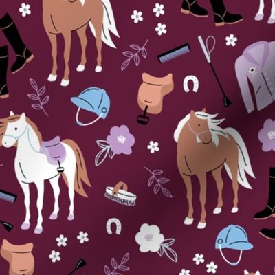Horse riding horses and western ranch illustration kids animals and flowers theme green blue lilac purple pink on burgundy wine
