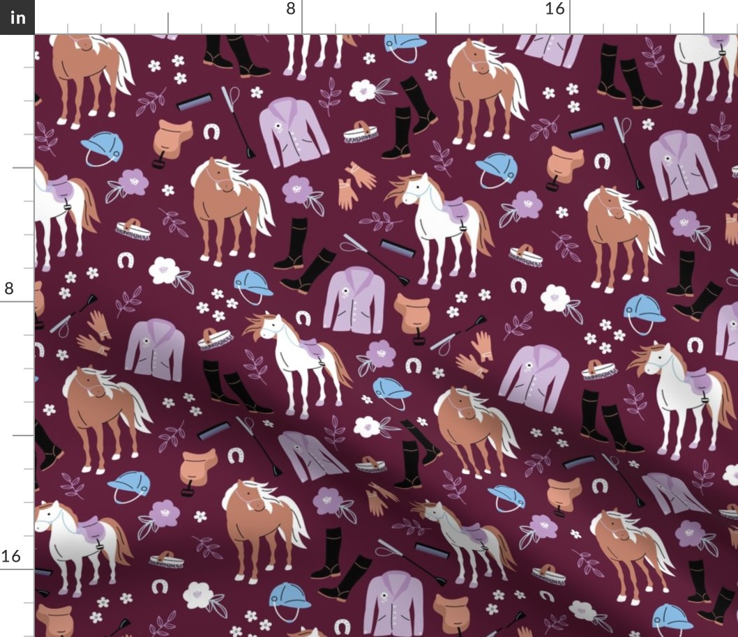 Horse riding horses and western ranch illustration kids animals and flowers theme green blue lilac purple pink on burgundy wine