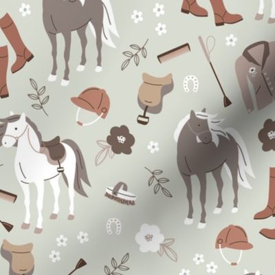 Horse riding horses and western ranch illustration kids animals and flowers theme brown caramel beige on mist green
