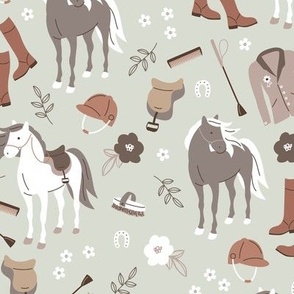 Horse riding horses and western ranch illustration kids animals and flowers theme brown caramel beige on mist green
