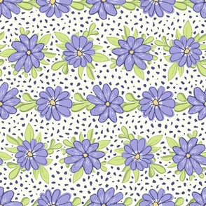 Medium floral stripes of lilac and honeydew flowers with dark dots 