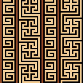 Ancient Greek Mythical Classic Key Swirls Waves  - Modern Simple Greece Geometric Traditonal Ornament - Black Light Orange Brown in Terracotta Tiles Style - Vertical Stripe - Large