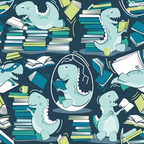 Normal scale // Best hobby of all time // nile blue background aqua t-rex dinosaur reading aqua green and turquoise blue books