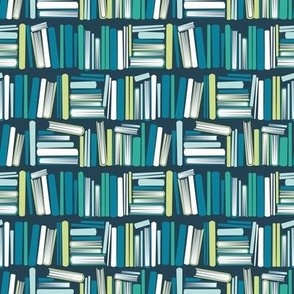 Tiny scale // Bookish soul // nile blue bookshelf background aqua green and turquoise blue books