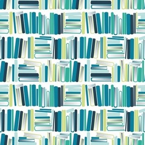 Tiny scale // Bookish soul // white bookshelf background nile blue aqua green and turquoise blue books