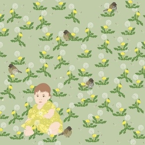 Baby Making Wishes in Field of Dandelions yellow pale green with birds