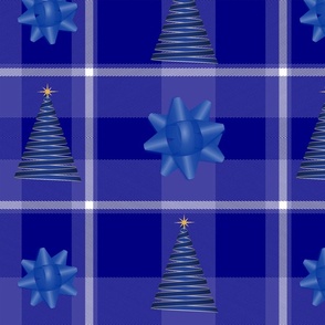 Navy Blue Christmas Trees and Bows on Plaid 