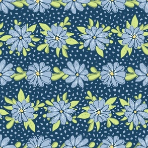 Medium scale floral stripes in dark and sky blue with polka dots