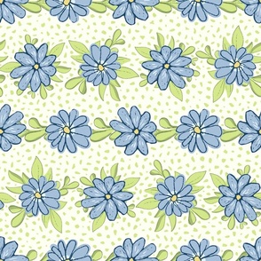 Medium scale floral stripes in sky blue and honeydew with light dots